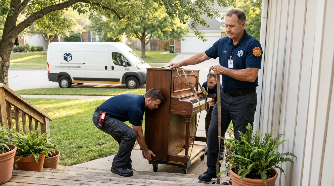 Licensed piano movers securing grand piano in Topsham, ME