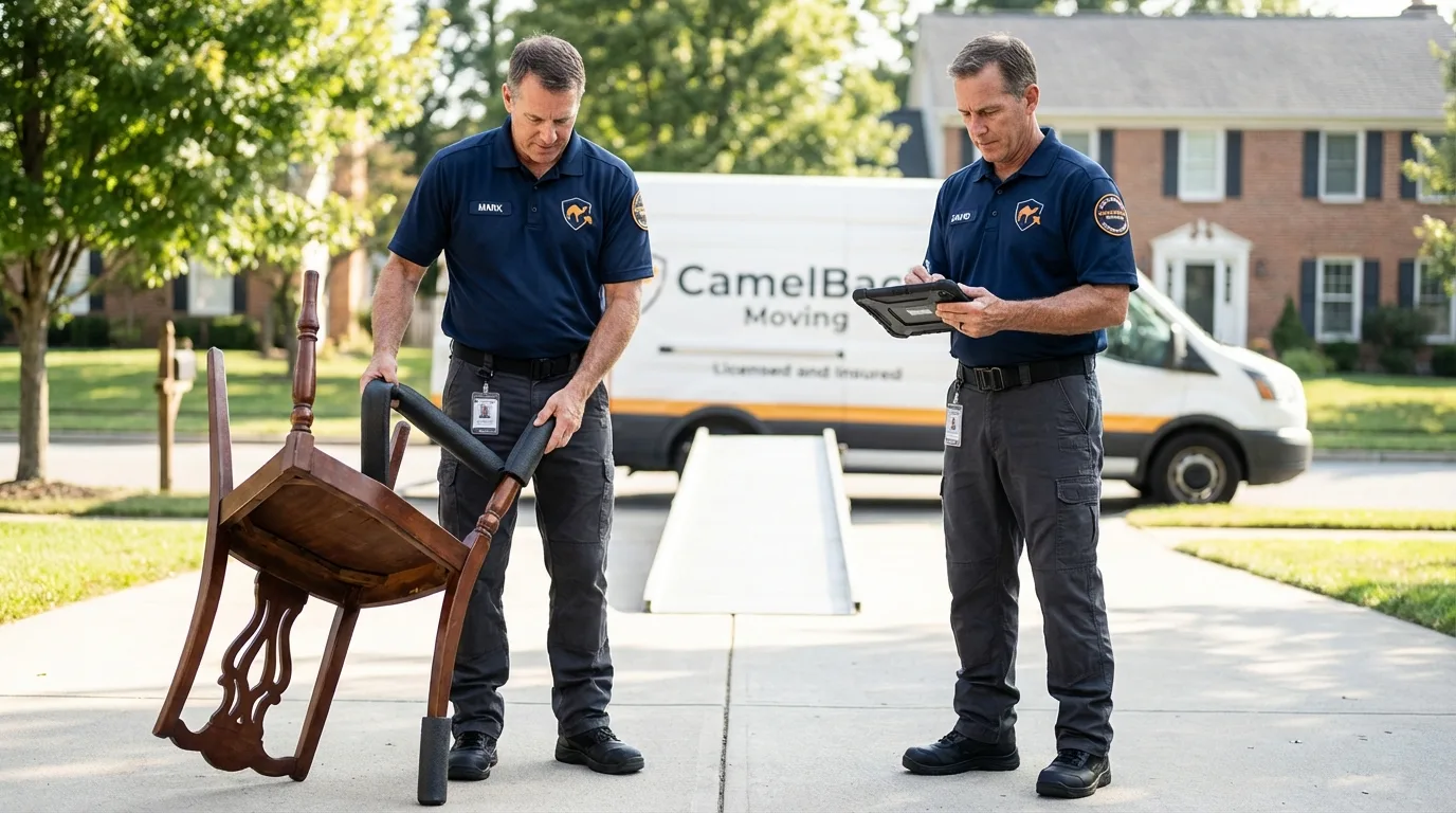 Movers inspecting furniture for damage prevention before loading in Topsham, ME