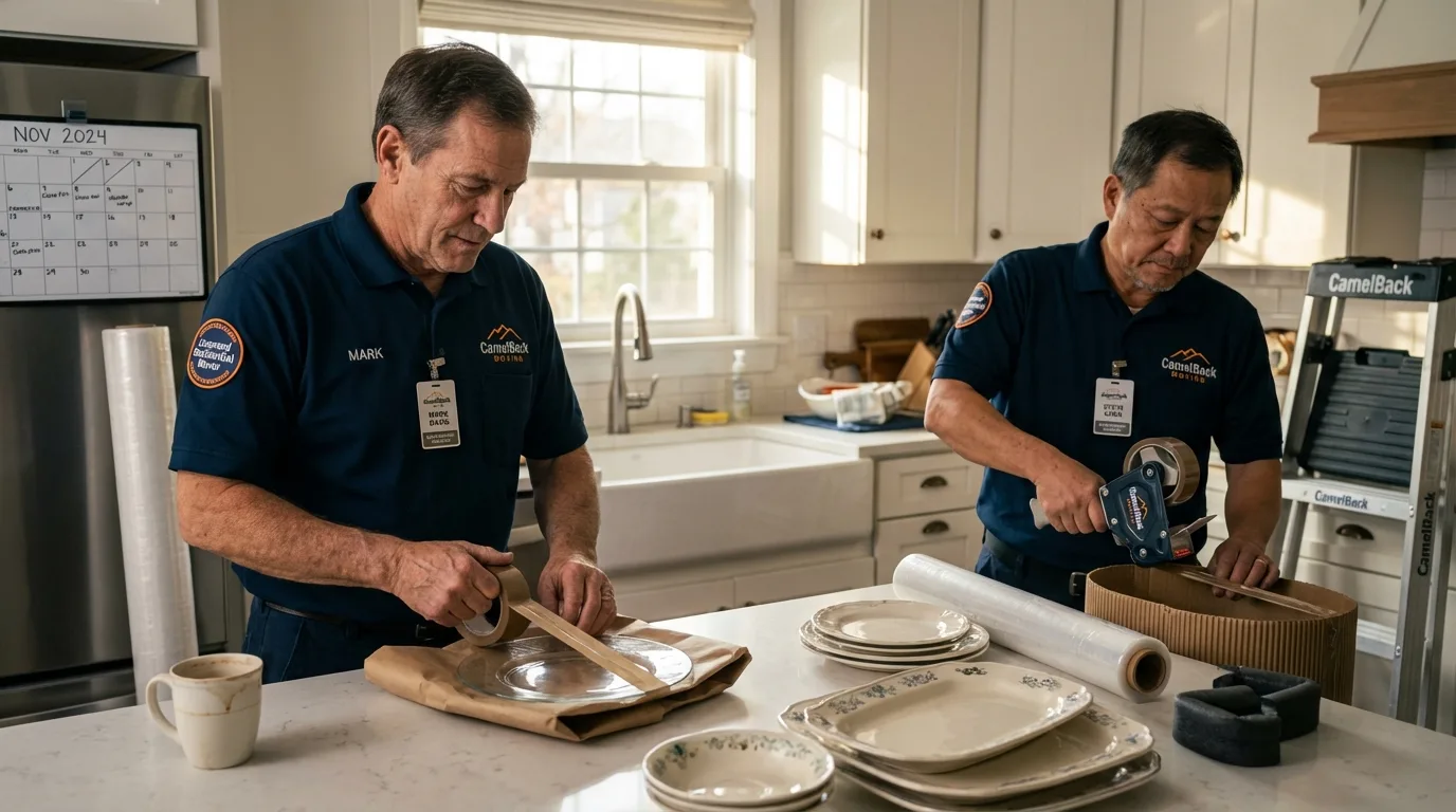 Professional crew packing kitchen dishware in Topsham, ME